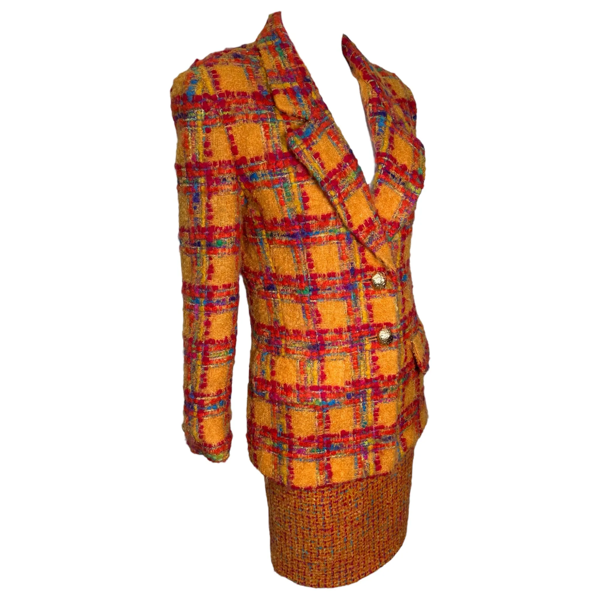 Anne Klein 1980's Nubby Knit Orange Plaid Skirt Suit