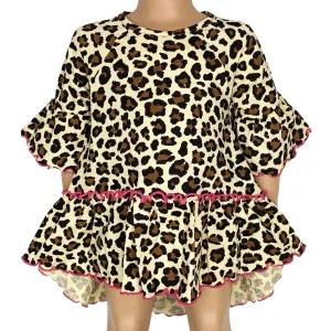 AnnLoren Little & Big Girls 3/4 Angel Sleeve Leopard Cotton Knit Ruffle Shirt