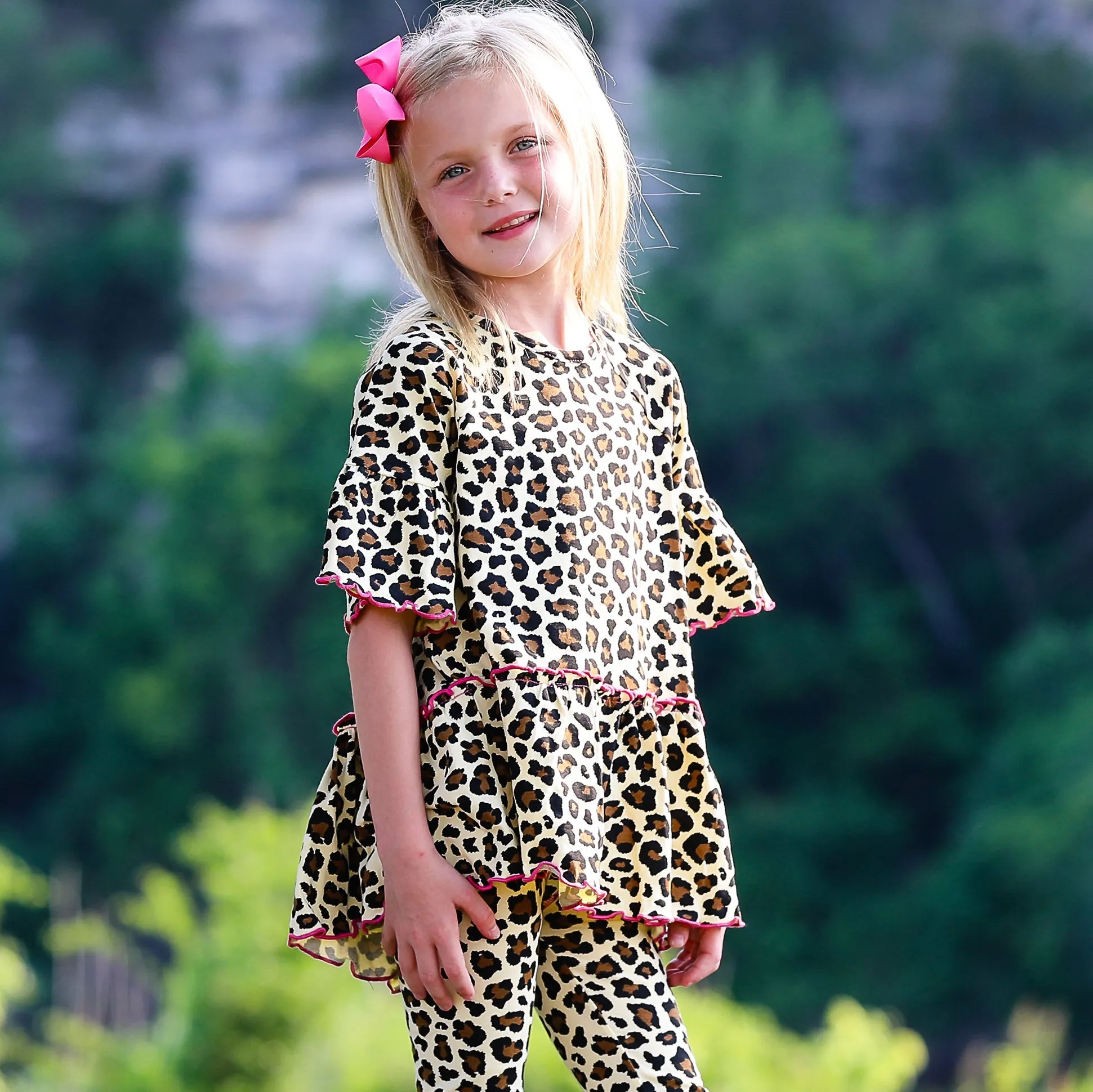AnnLoren Little & Big Girls 3/4 Angel Sleeve Leopard Cotton Knit Ruffle Shirt