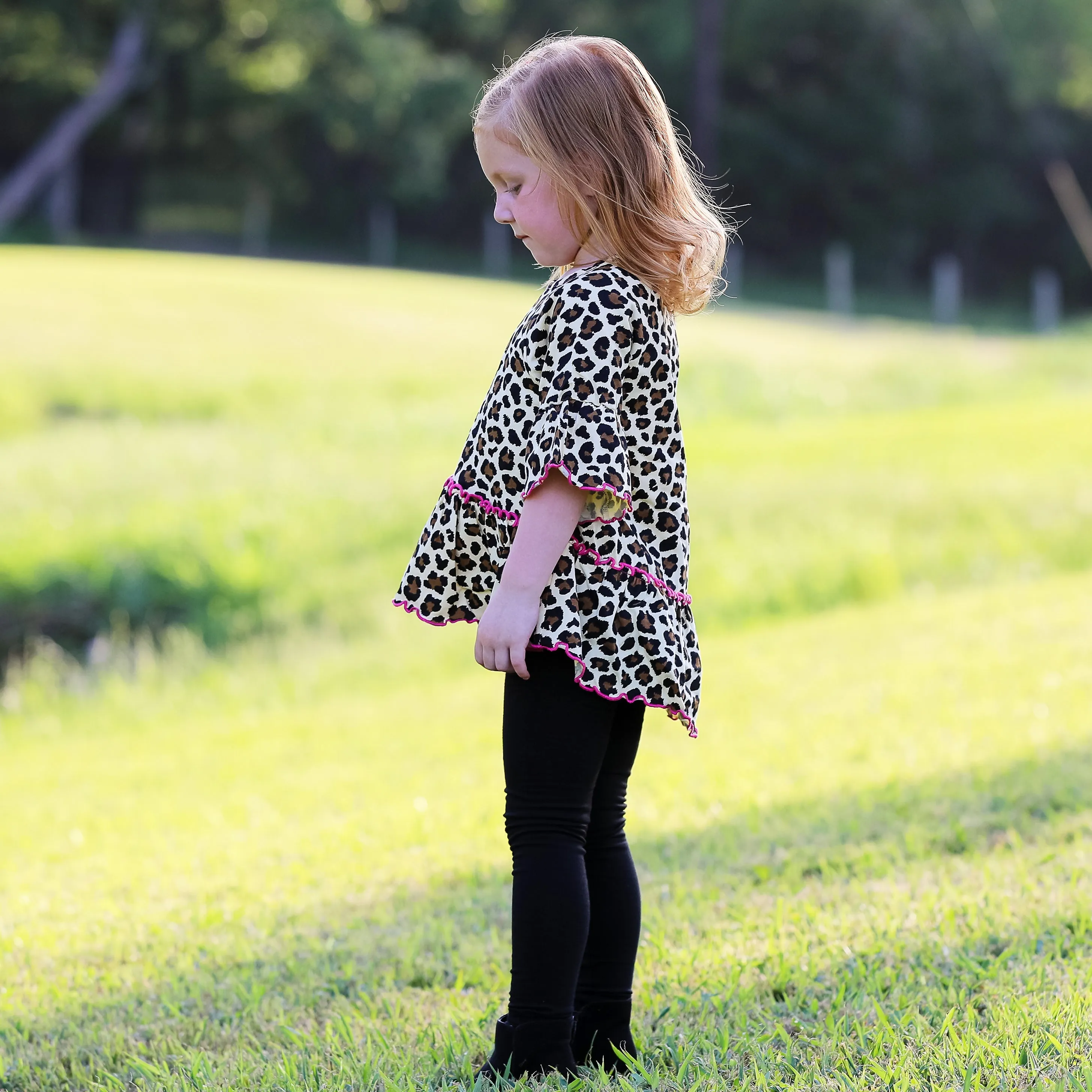 AnnLoren Little & Big Girls 3/4 Angel Sleeve Leopard Cotton Knit Ruffle Shirt