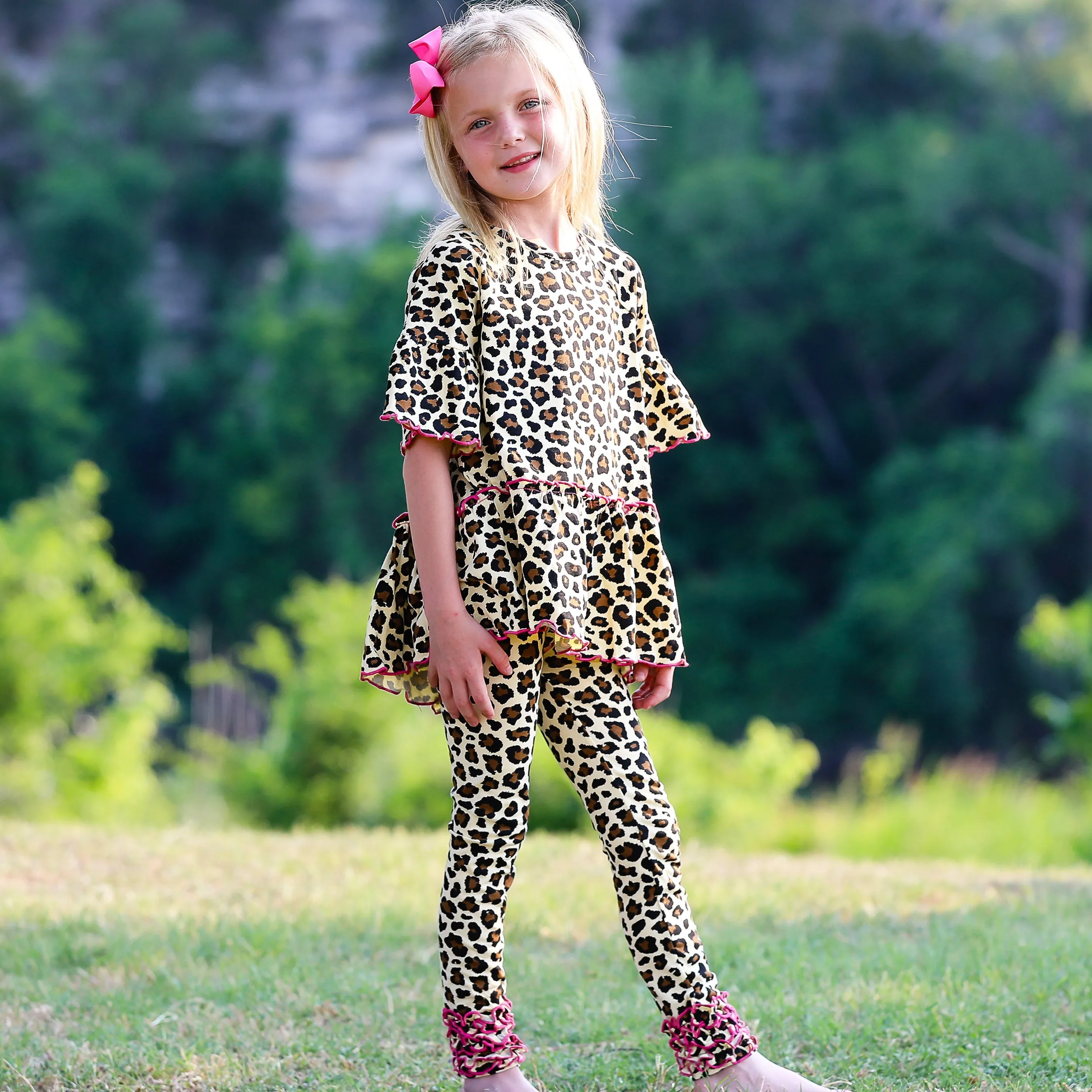 AnnLoren Little & Big Girls 3/4 Angel Sleeve Leopard Cotton Knit Ruffle Shirt