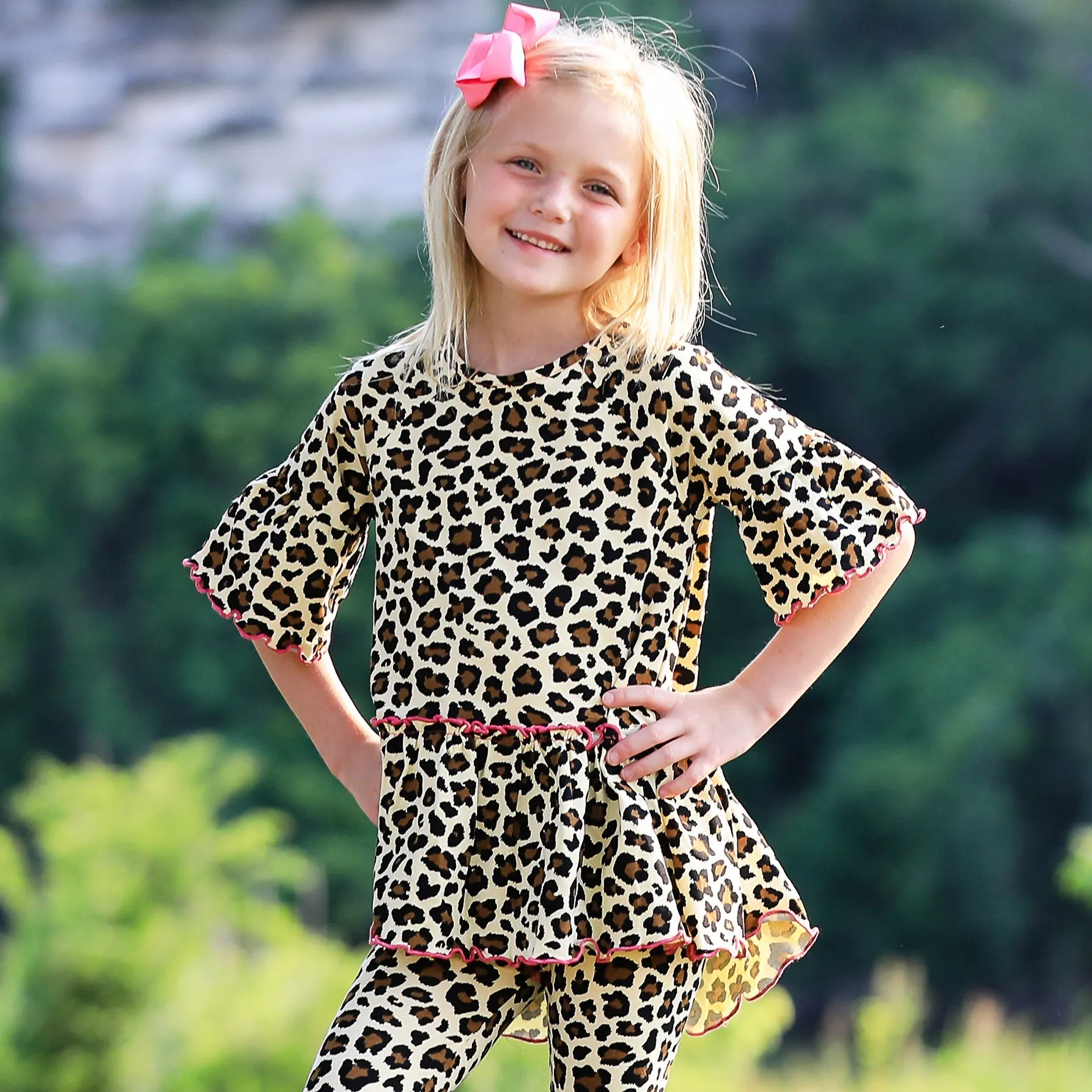 AnnLoren Little & Big Girls 3/4 Angel Sleeve Leopard Cotton Knit Ruffle Shirt