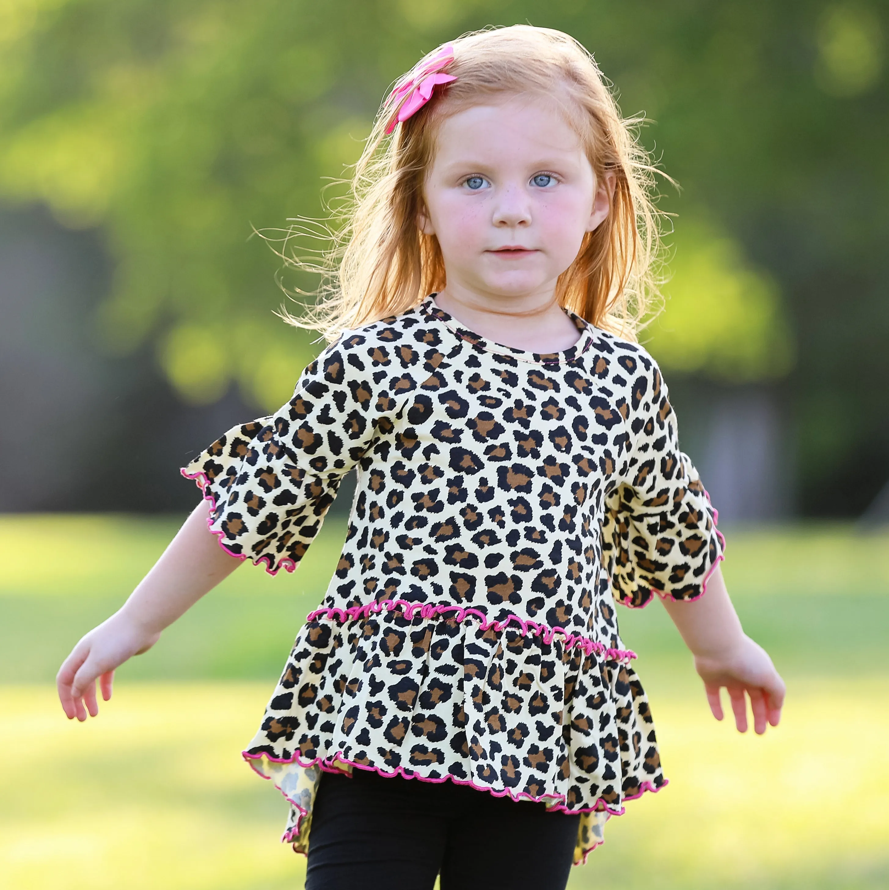 AnnLoren Little & Big Girls 3/4 Angel Sleeve Leopard Cotton Knit Ruffle Shirt
