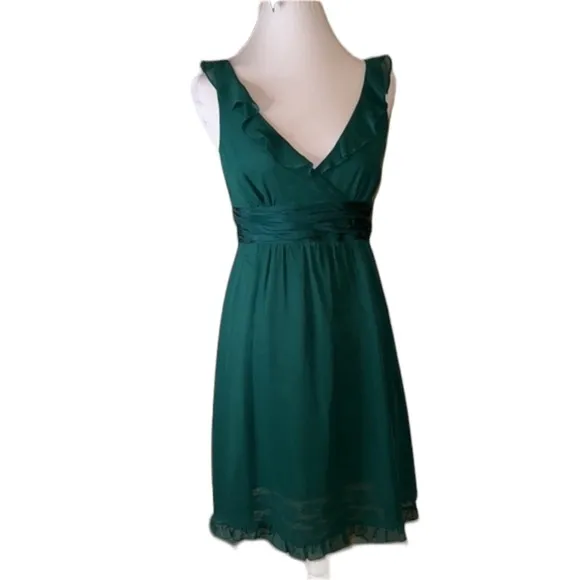 Anthropologie SILK dress Ruffled Emerald Green womens Sz 6