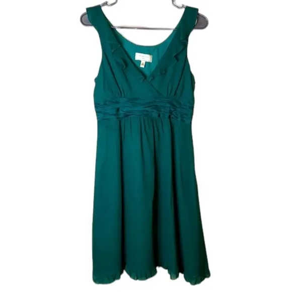 Anthropologie SILK dress Ruffled Emerald Green womens Sz 6