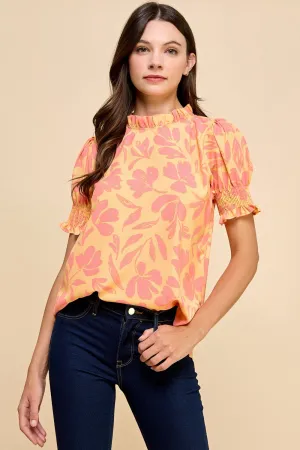 Apricot Floral Ruffle Neckline Blouse with Smocked Short Sleeve