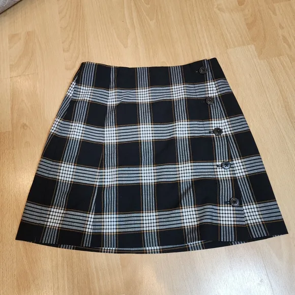 Aritzia Sunday Best Wool Blend Black Mustard Brown Plaid Button Mini Skirt Sz 2