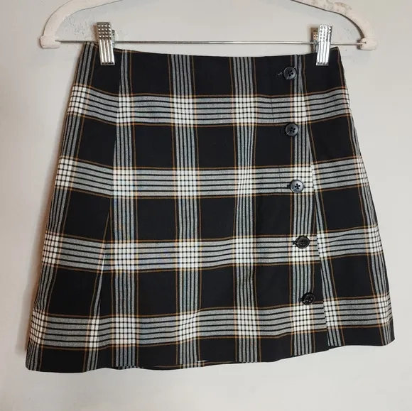 Aritzia Sunday Best Wool Blend Black Mustard Brown Plaid Button Mini Skirt Sz 2