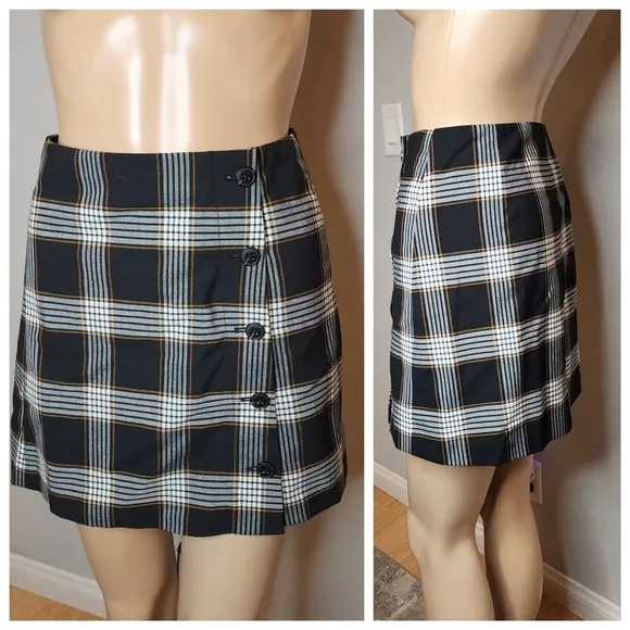 Aritzia Sunday Best Wool Blend Black Mustard Brown Plaid Button Mini Skirt Sz 2