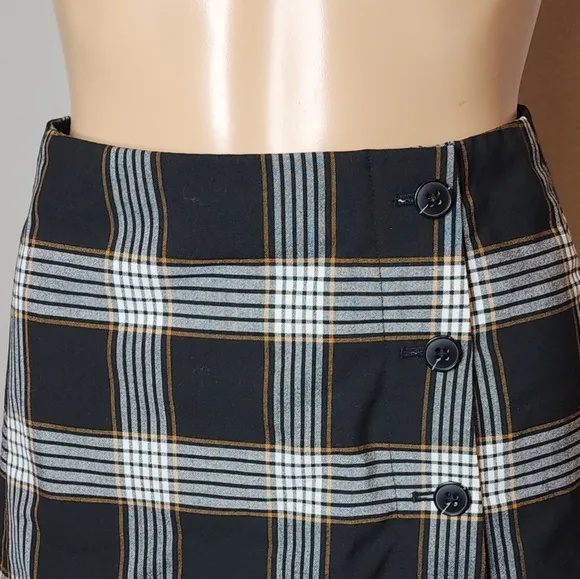 Aritzia Sunday Best Wool Blend Black Mustard Brown Plaid Button Mini Skirt Sz 2