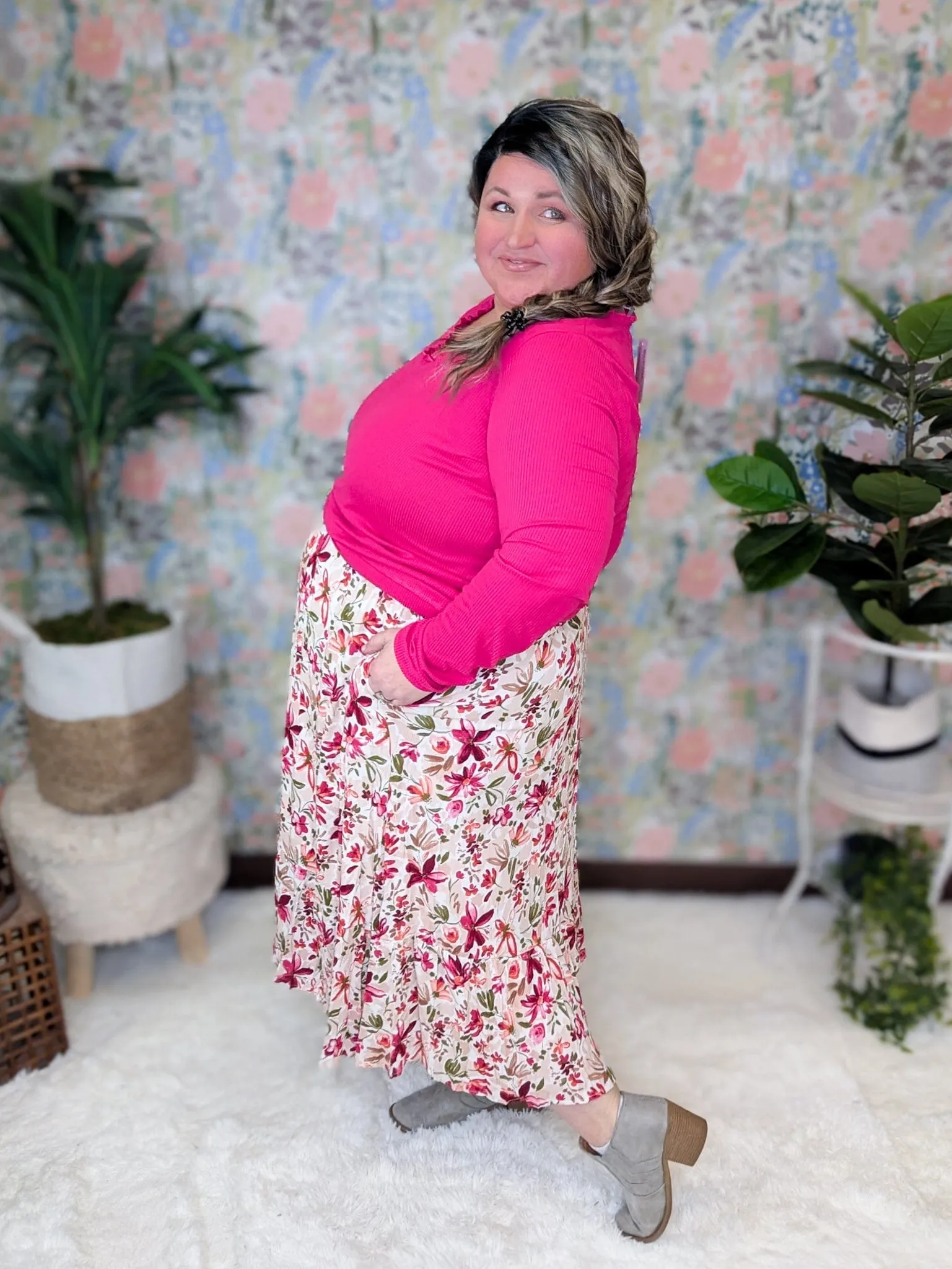 Avalon Midi Skirt in Taupe, Berry & Olive Painted Floral