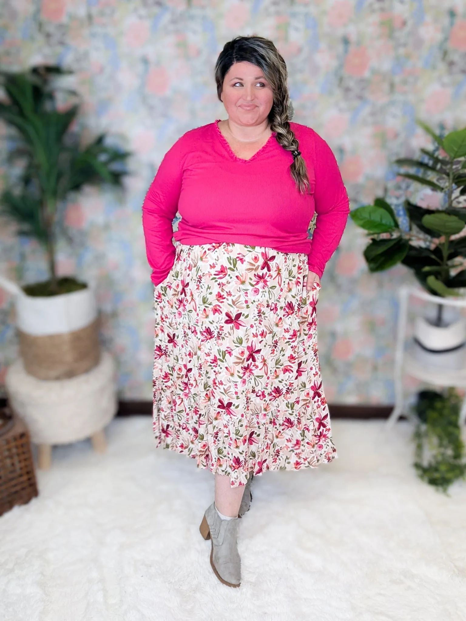 Avalon Midi Skirt in Taupe, Berry & Olive Painted Floral