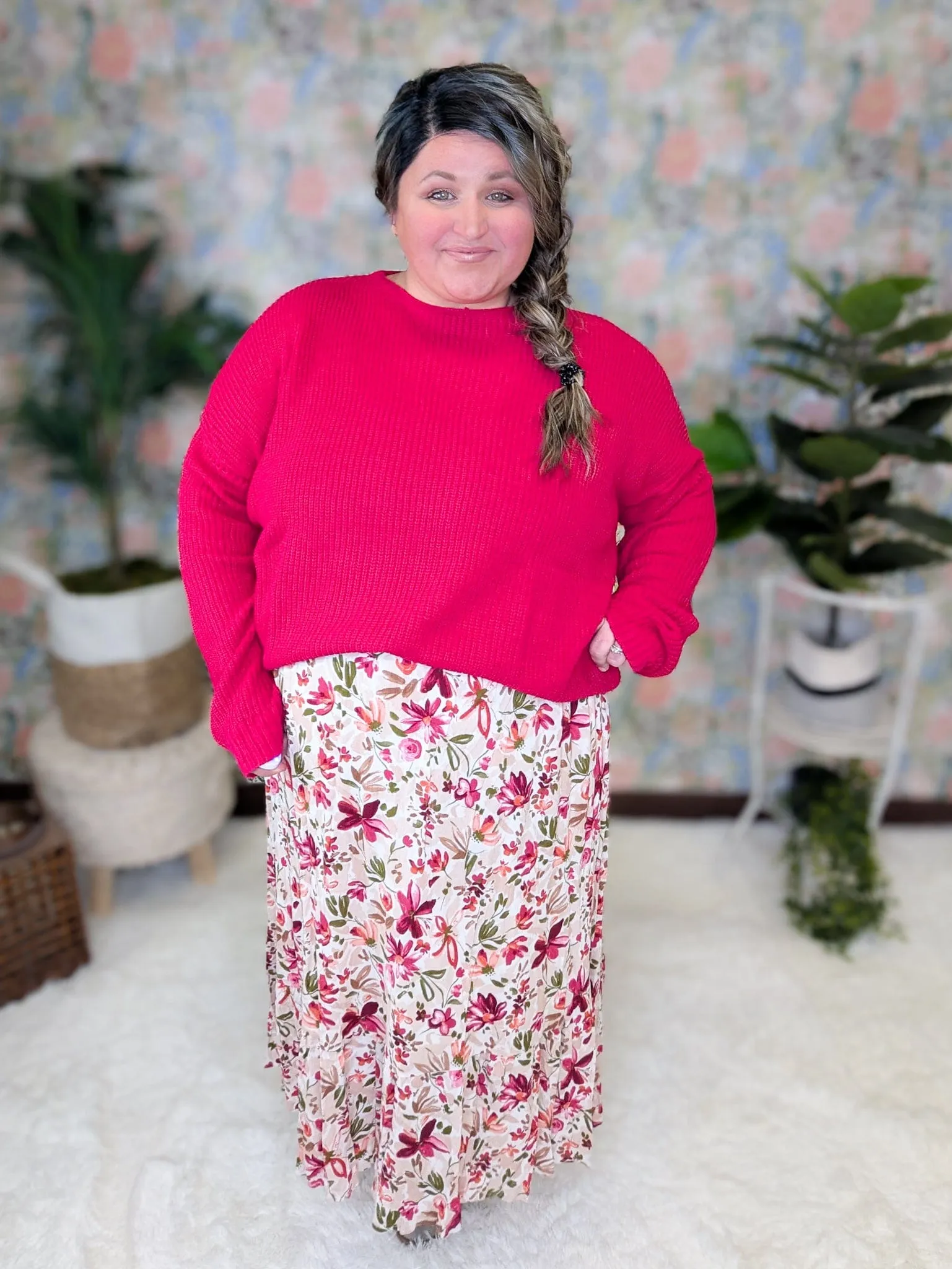 Avalon Midi Skirt in Taupe, Berry & Olive Painted Floral