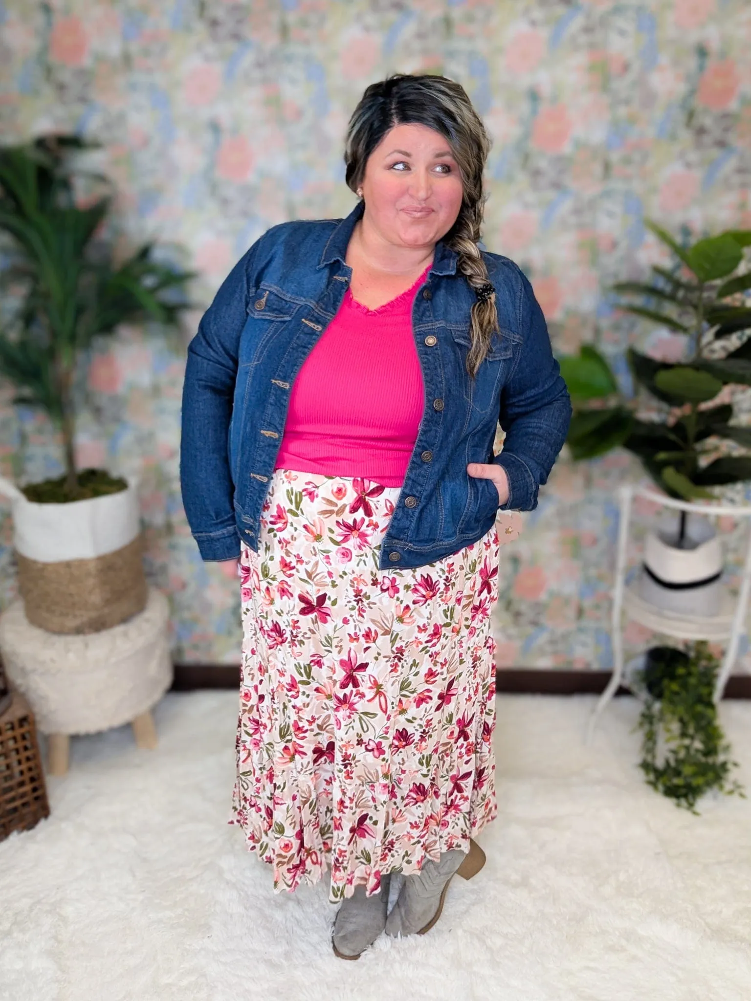 Avalon Midi Skirt in Taupe, Berry & Olive Painted Floral