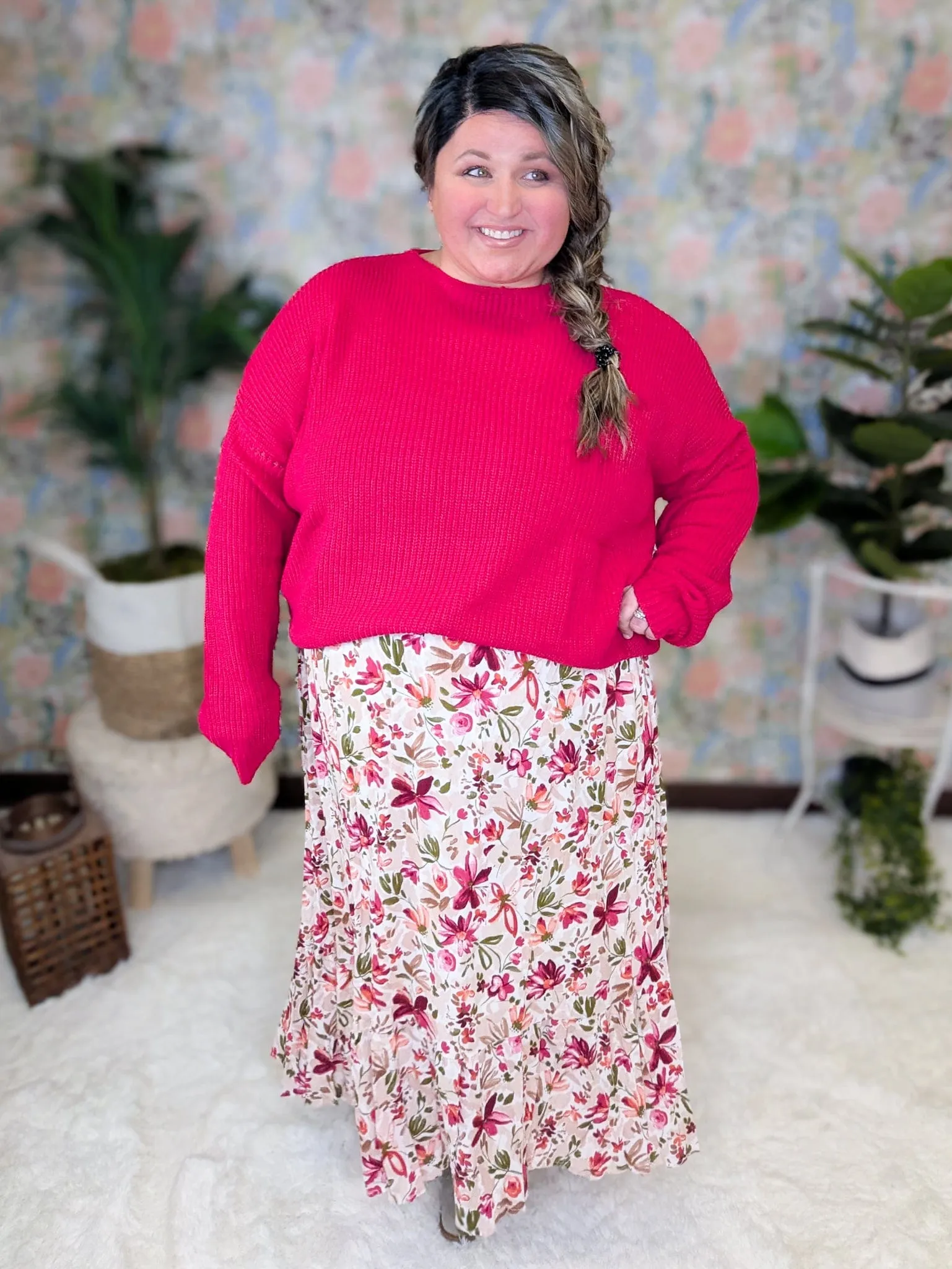 Avalon Midi Skirt in Taupe, Berry & Olive Painted Floral