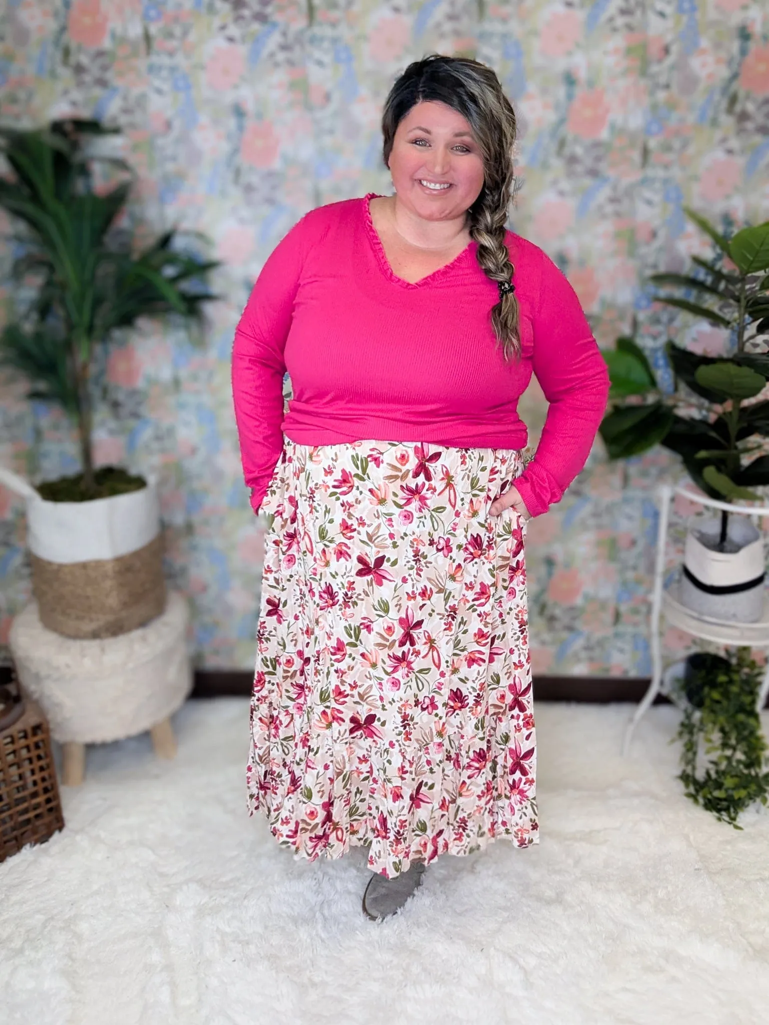 Avalon Midi Skirt in Taupe, Berry & Olive Painted Floral
