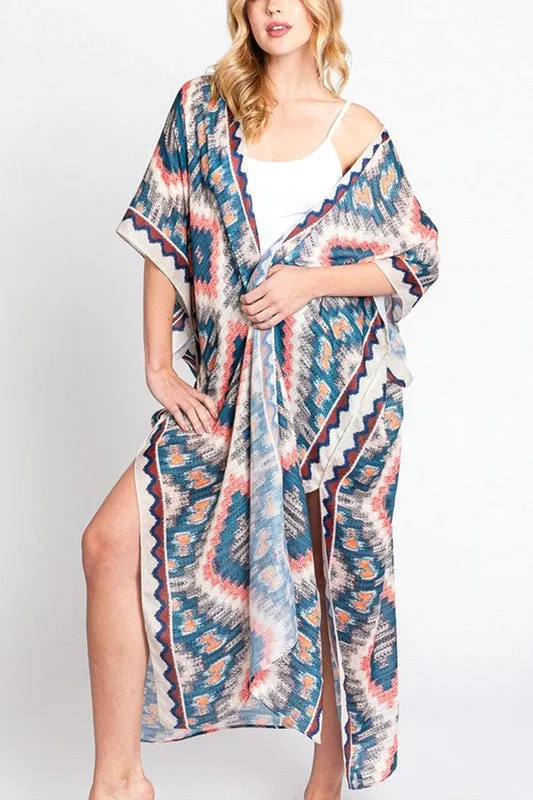 Aztec Printed Long Kimono Duster choice of colors
