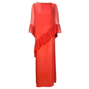 Balmain 1970's Coral Chiffon Pleated Ruffled Overlay Column Gown
