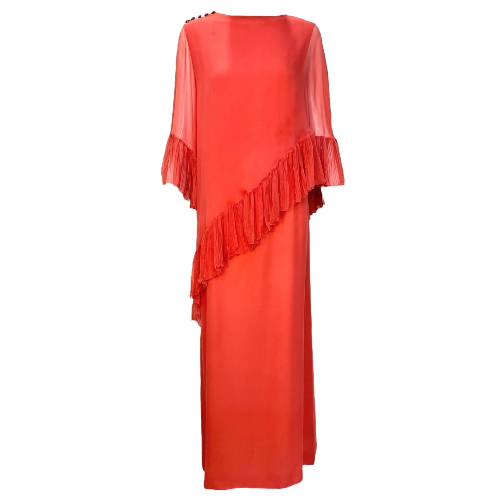 Balmain 1970's Coral Chiffon Pleated Ruffled Overlay Column Gown