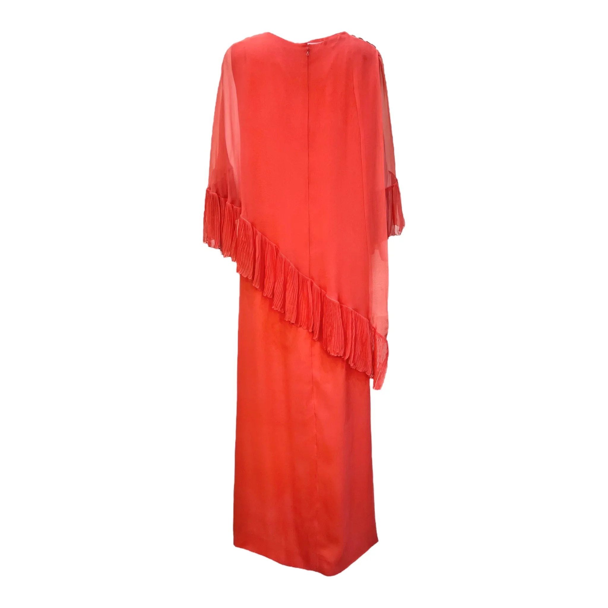 Balmain 1970's Coral Chiffon Pleated Ruffled Overlay Column Gown