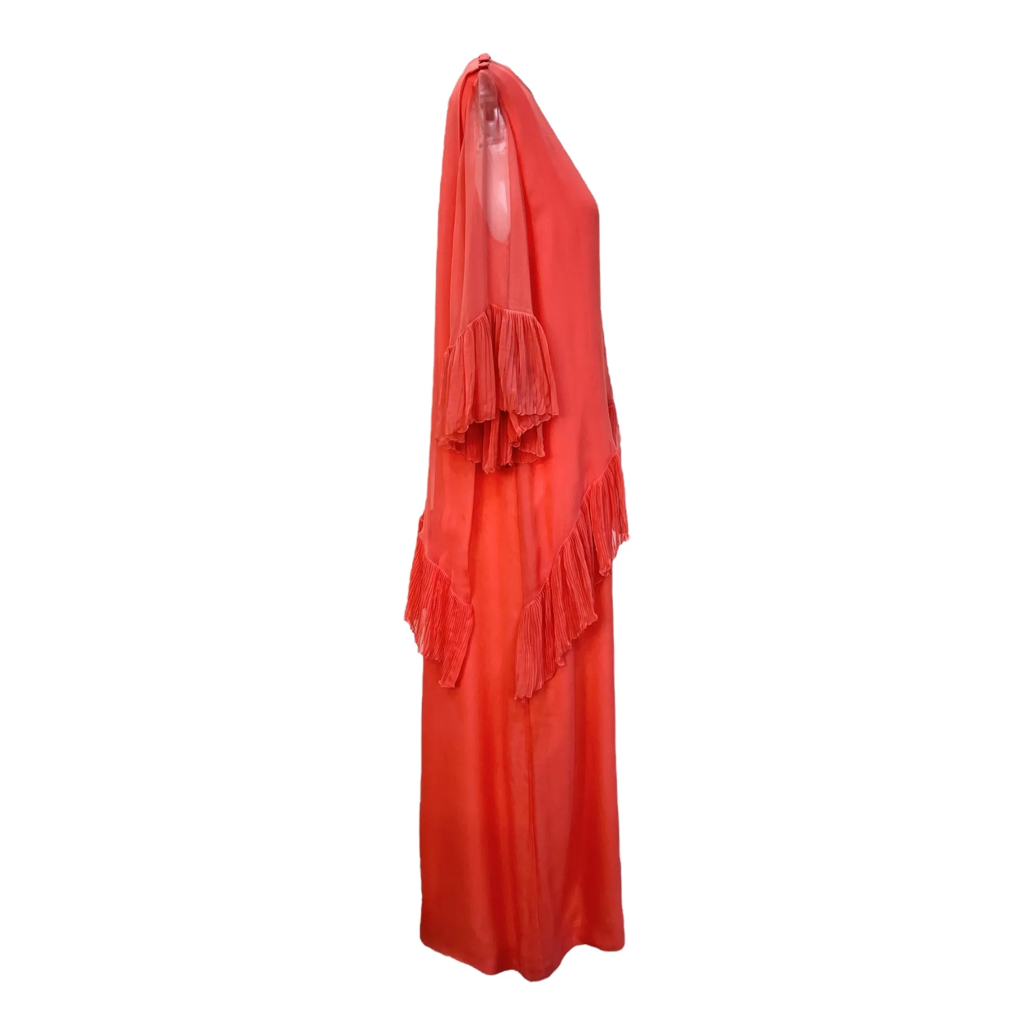 Balmain 1970's Coral Chiffon Pleated Ruffled Overlay Column Gown