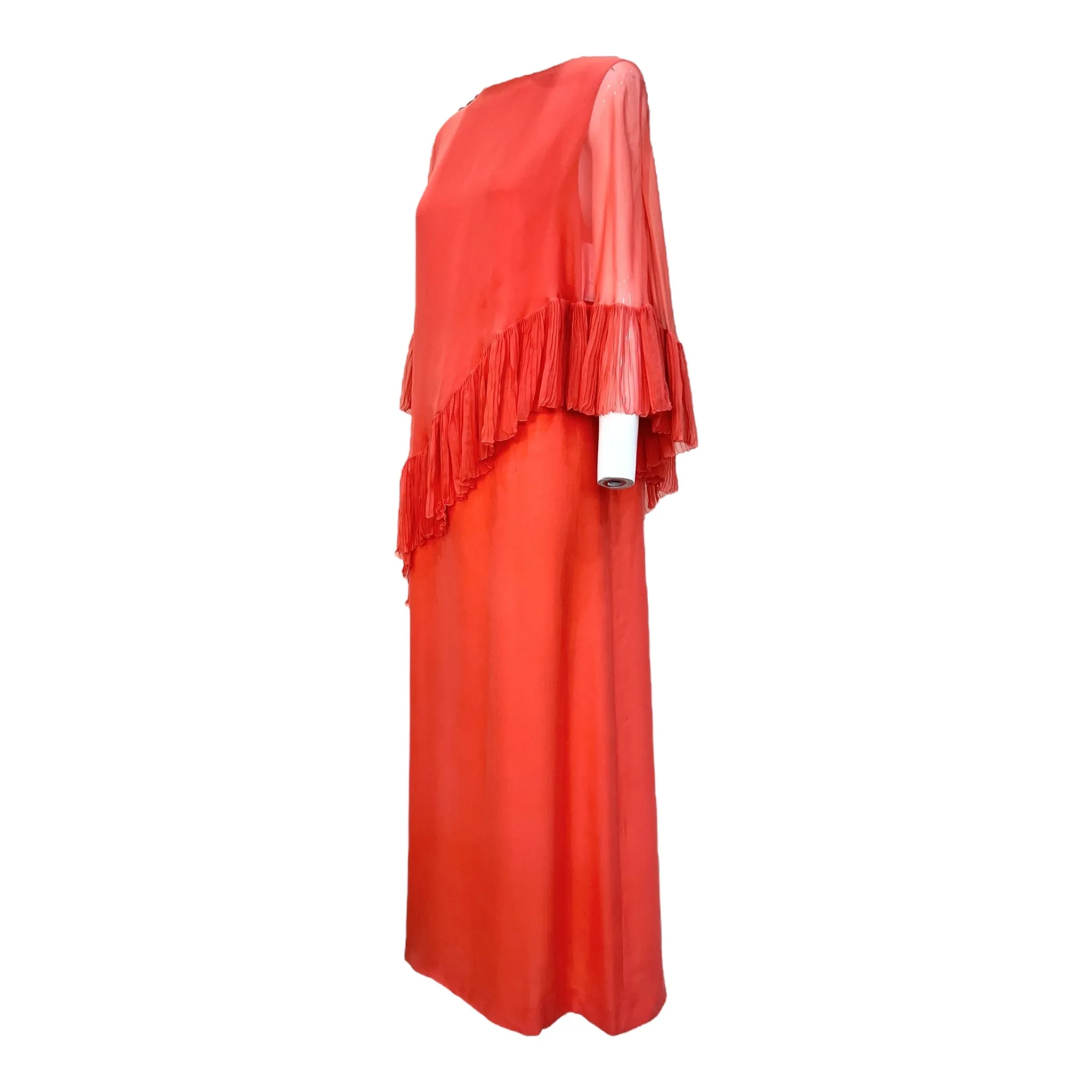 Balmain 1970's Coral Chiffon Pleated Ruffled Overlay Column Gown