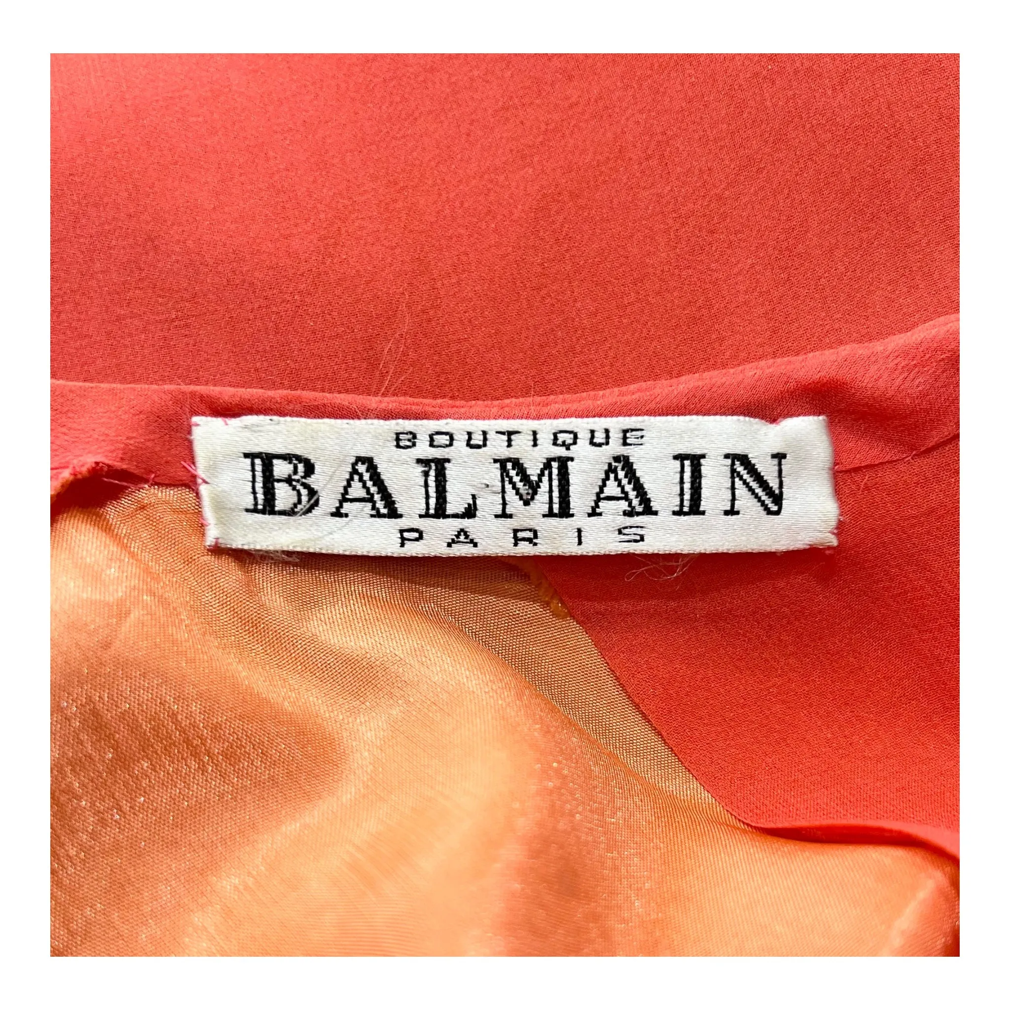Balmain 1970's Coral Chiffon Pleated Ruffled Overlay Column Gown