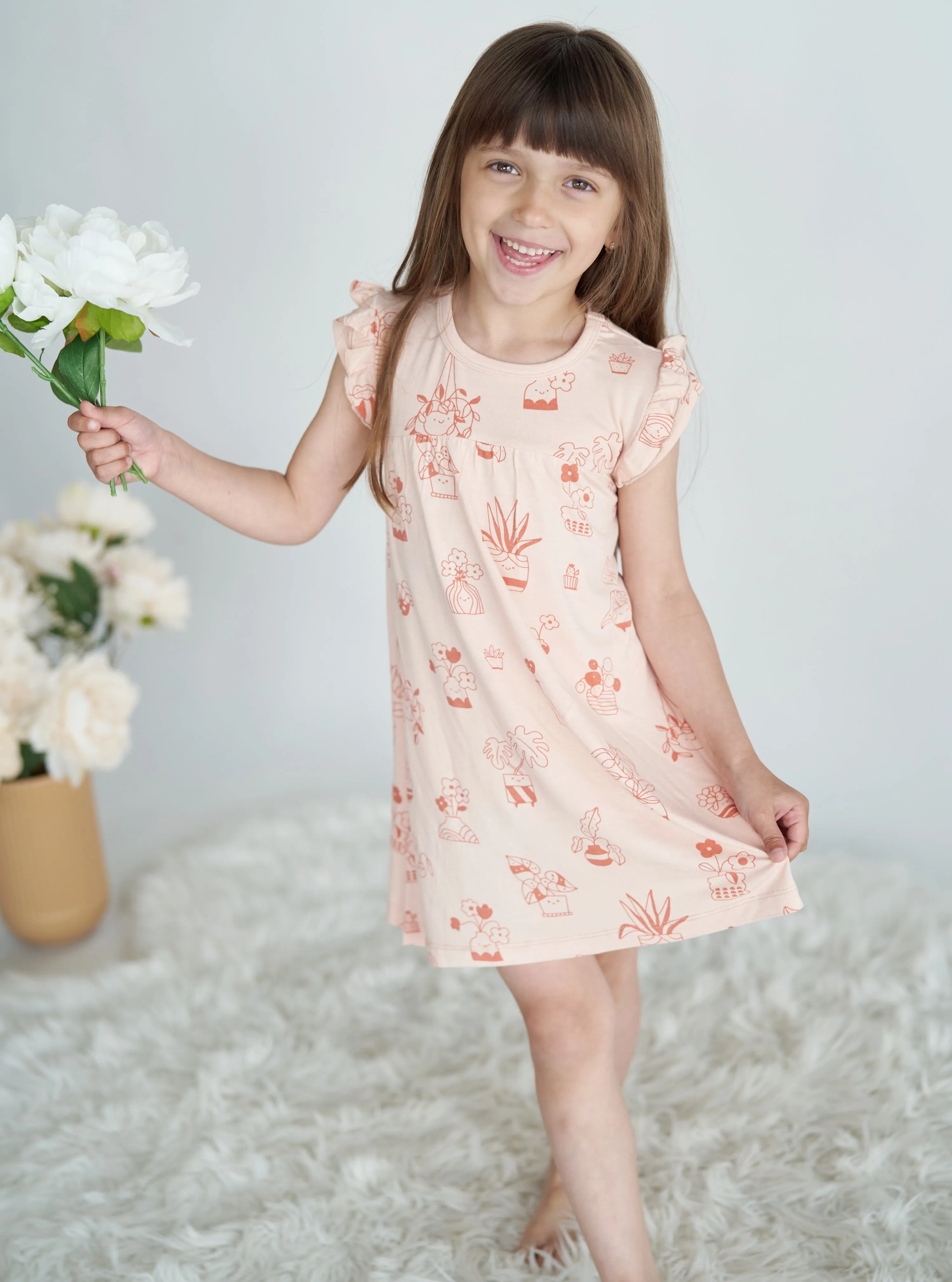 Bamboo Double Sleeve Ruffle Dress with Bloomer (Plantastic Print)