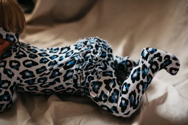 Bamboo Zip Ruffled Romper Suit Blue Leopard-OiOi