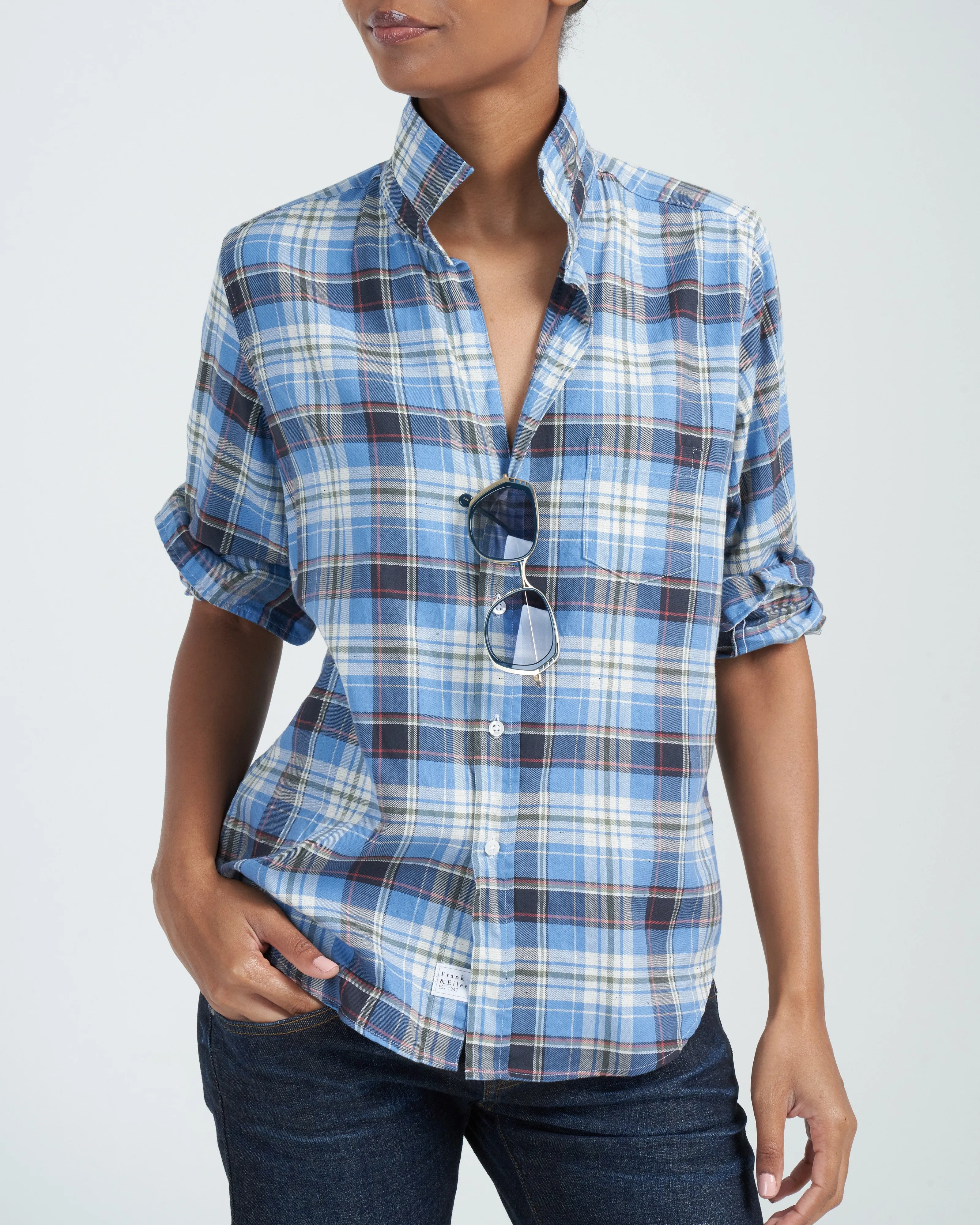 barry tailored button up shirt - slate, green, orange plaid