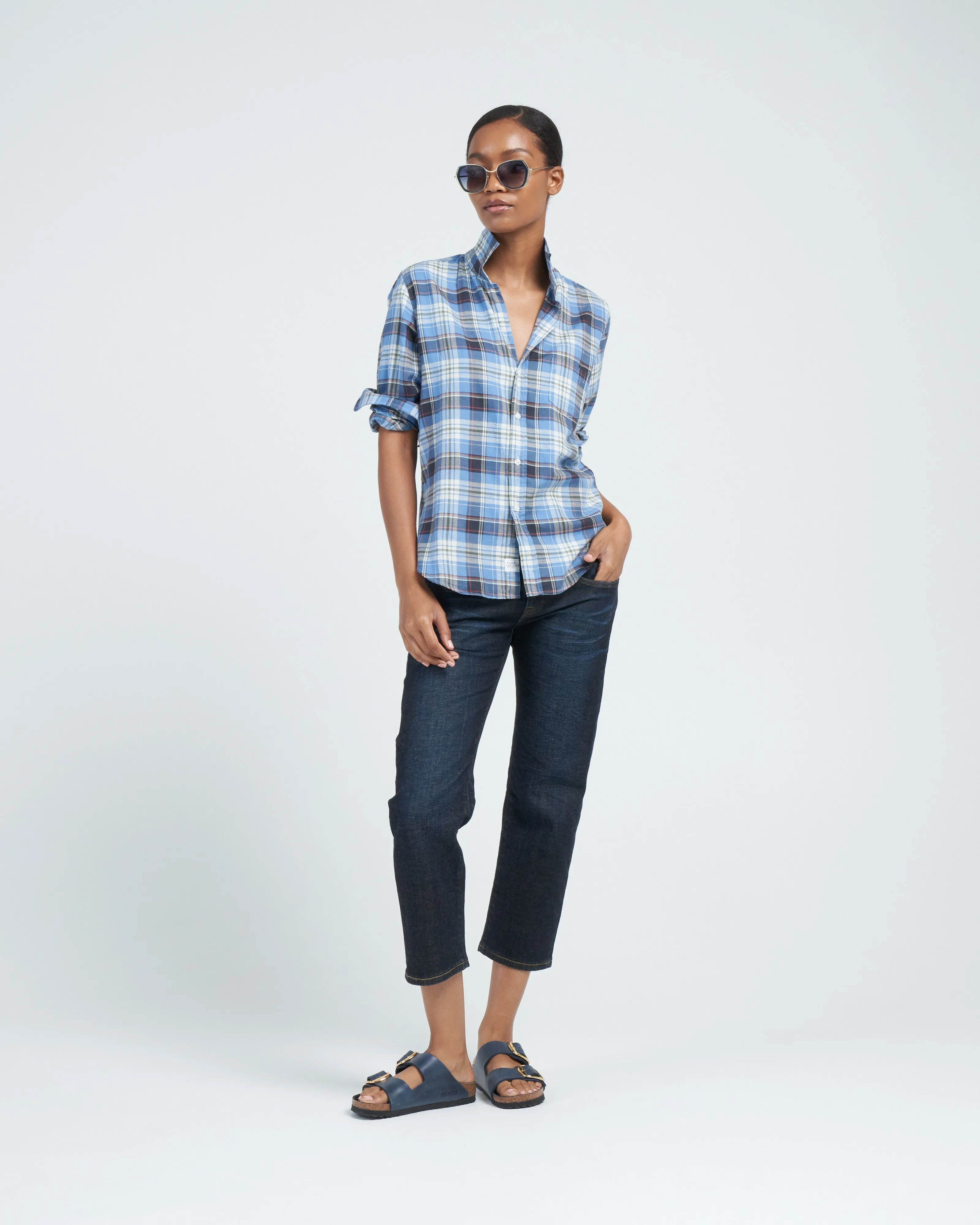 barry tailored button up shirt - slate, green, orange plaid