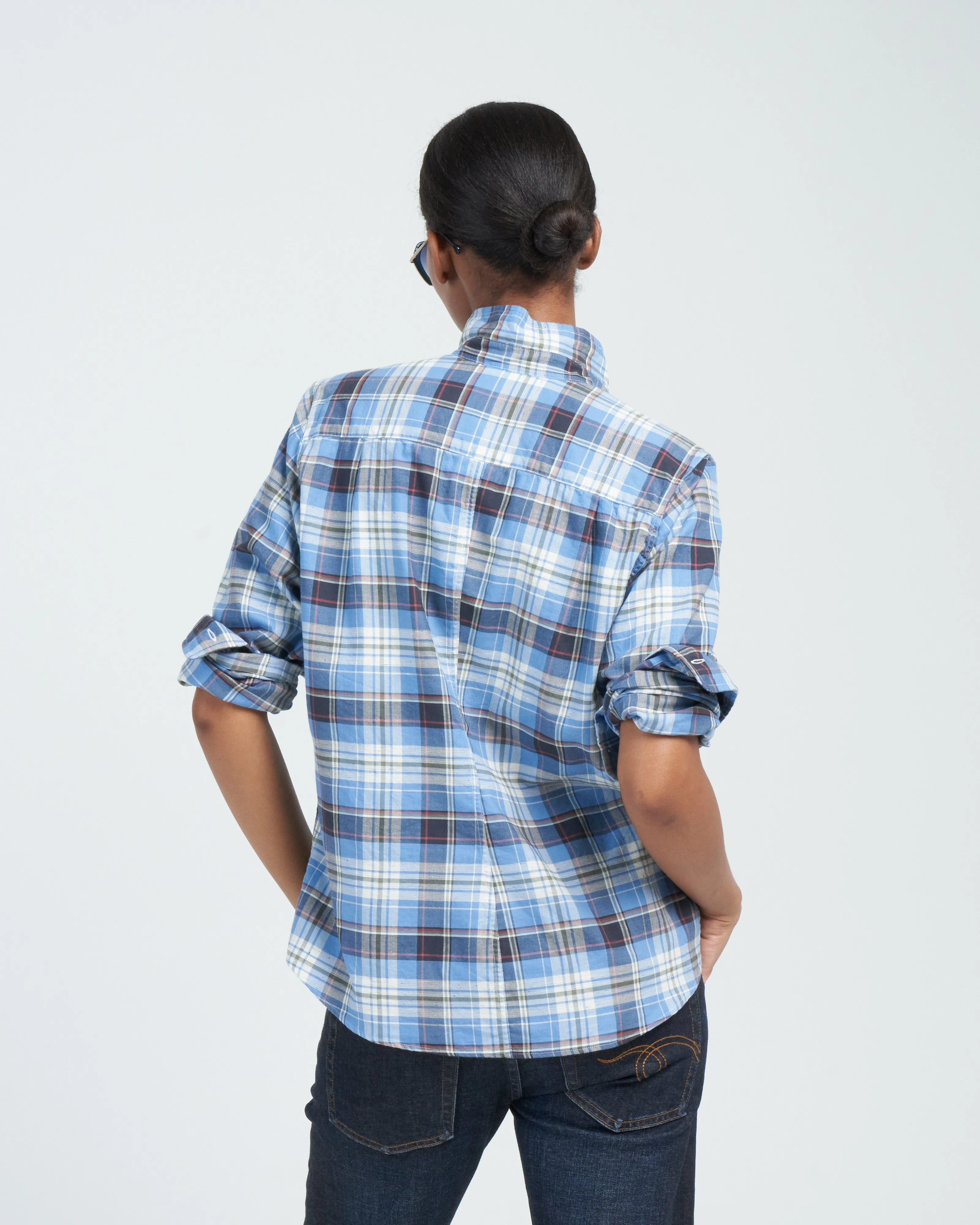 barry tailored button up shirt - slate, green, orange plaid