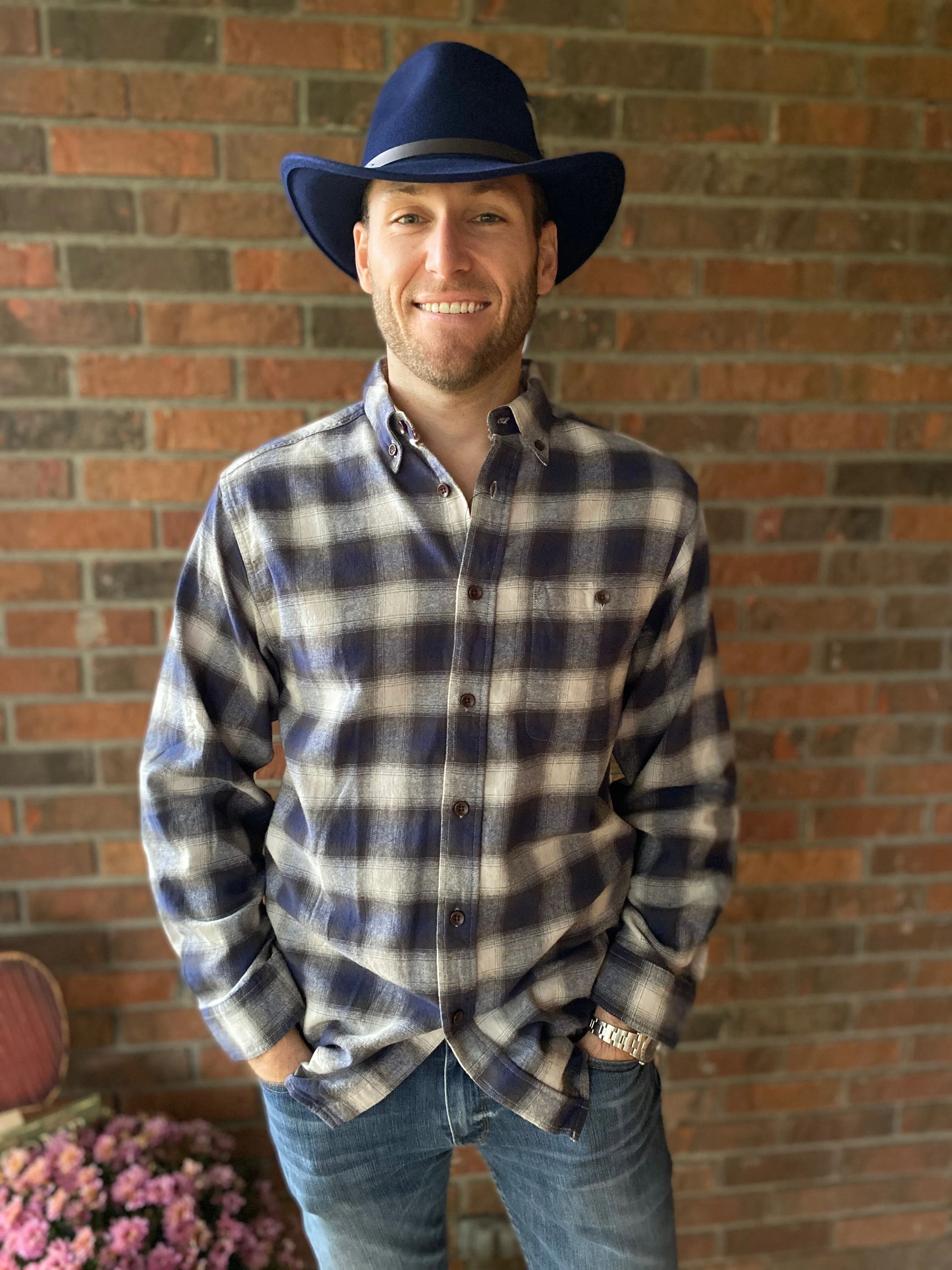 Basic Options Navy Cotton Plaid Long Sleeve Sport Shirt - 82021-3-6SZ