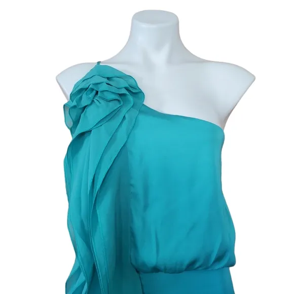 BCBGMAXAZRIA Lydia silk ruffled dress in turquoise