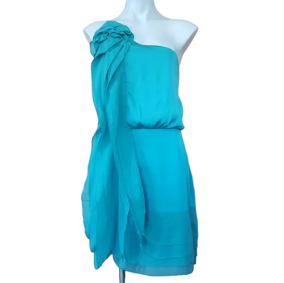 BCBGMAXAZRIA Lydia silk ruffled dress in turquoise