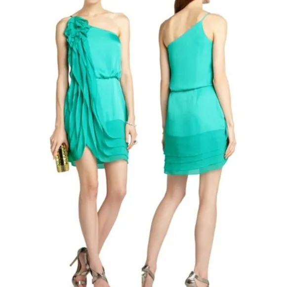 BCBGMAXAZRIA Lydia silk ruffled dress in turquoise