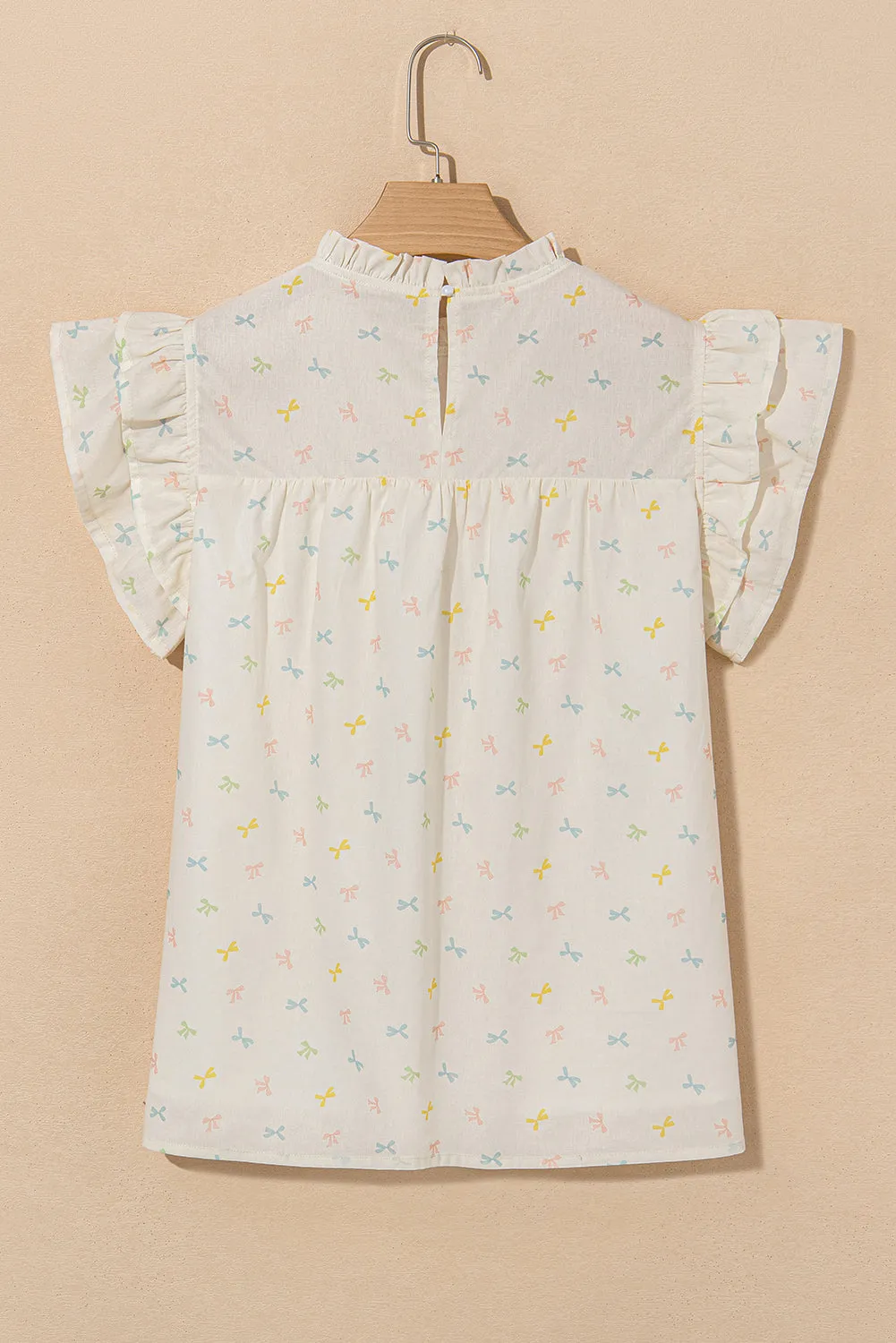 Beige Colorful Bow Printed Ruffled Flutter Sleeve Mock Neck Blouse