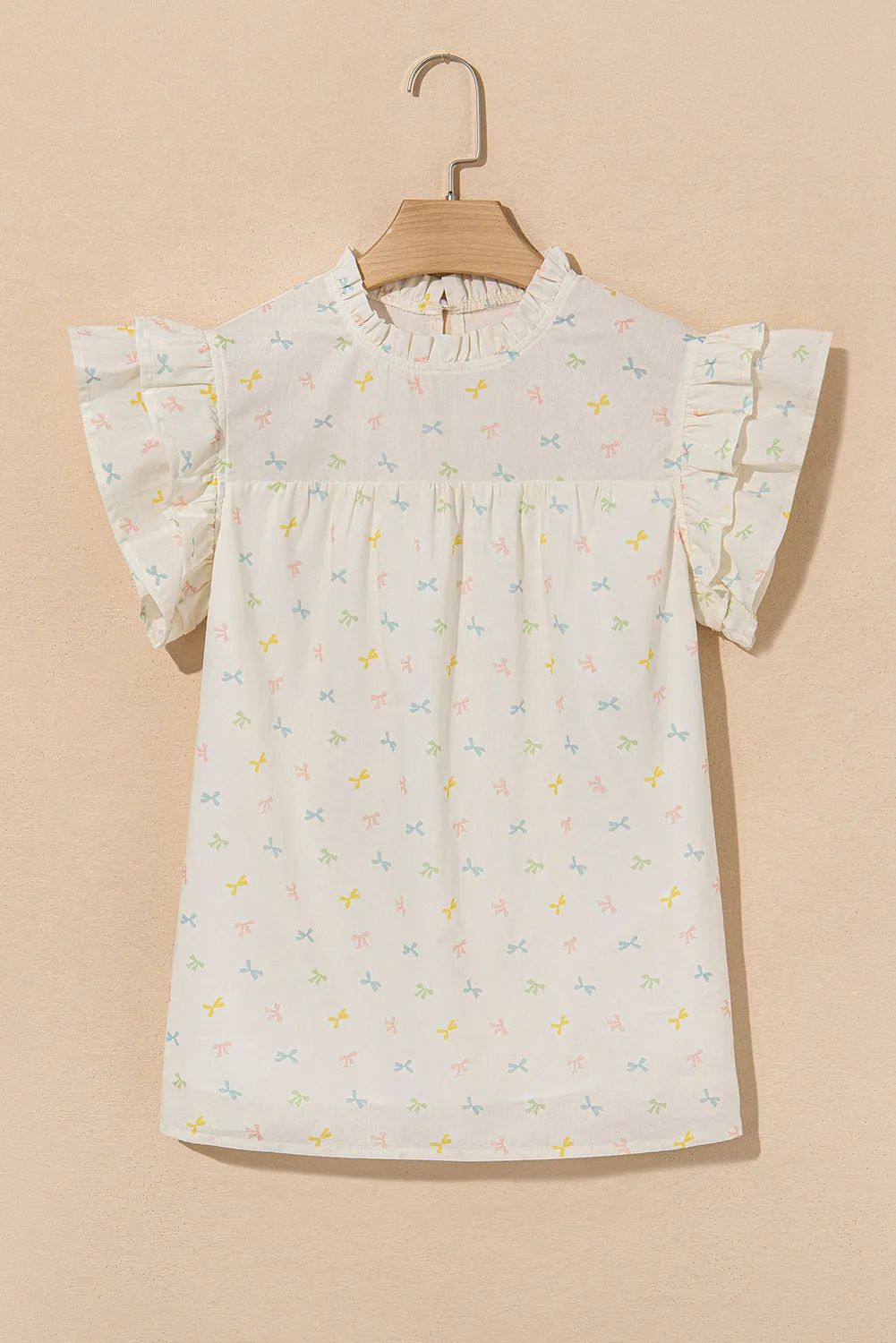 Beige Colorful Bow Printed Ruffled Flutter Sleeve Mock Neck Blouse