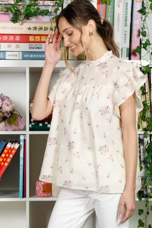 Beige Colorful Bow Printed Ruffled Flutter Sleeve Mock Neck Blouse