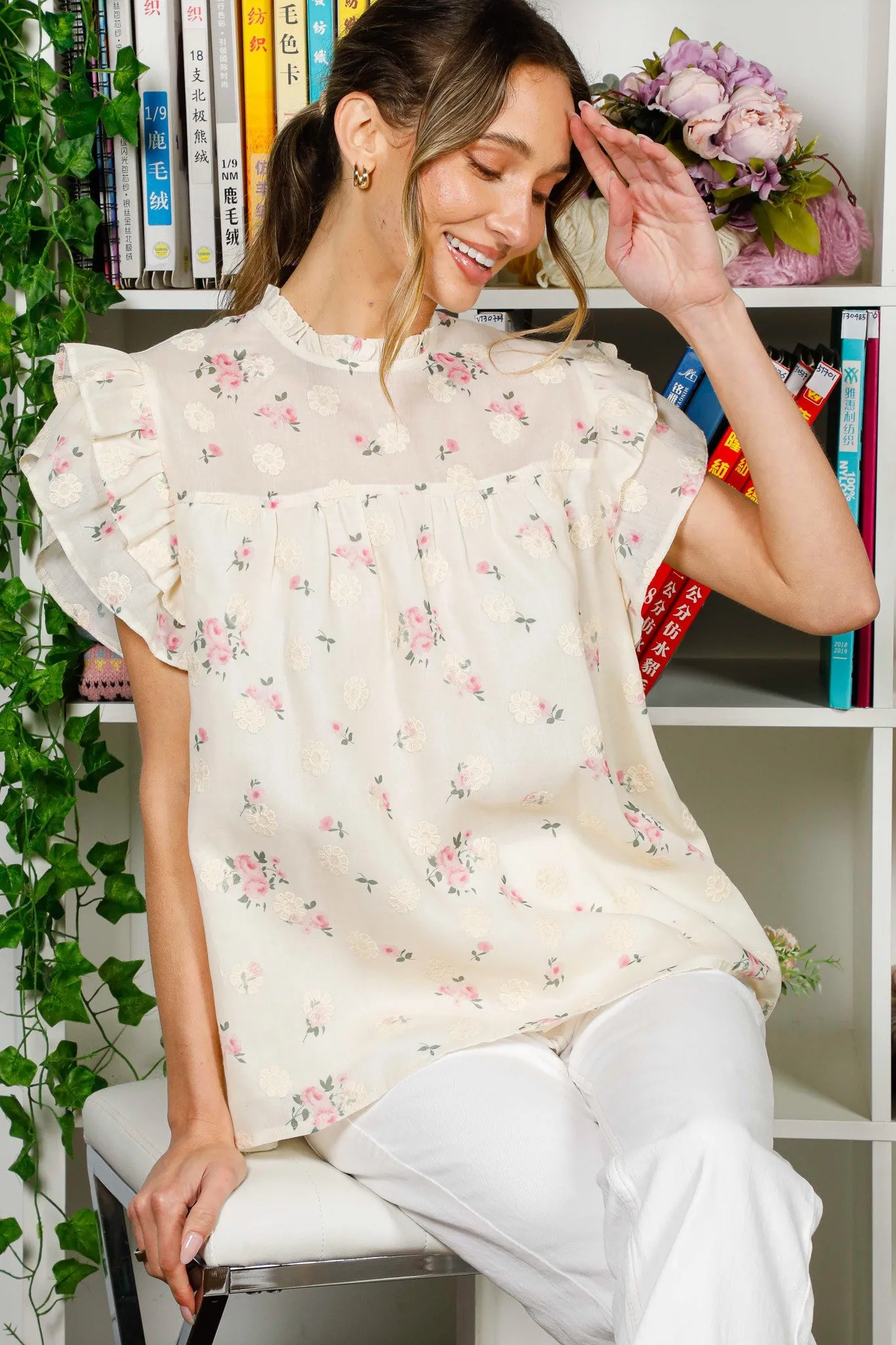 Beige Colorful Bow Printed Ruffled Flutter Sleeve Mock Neck Blouse