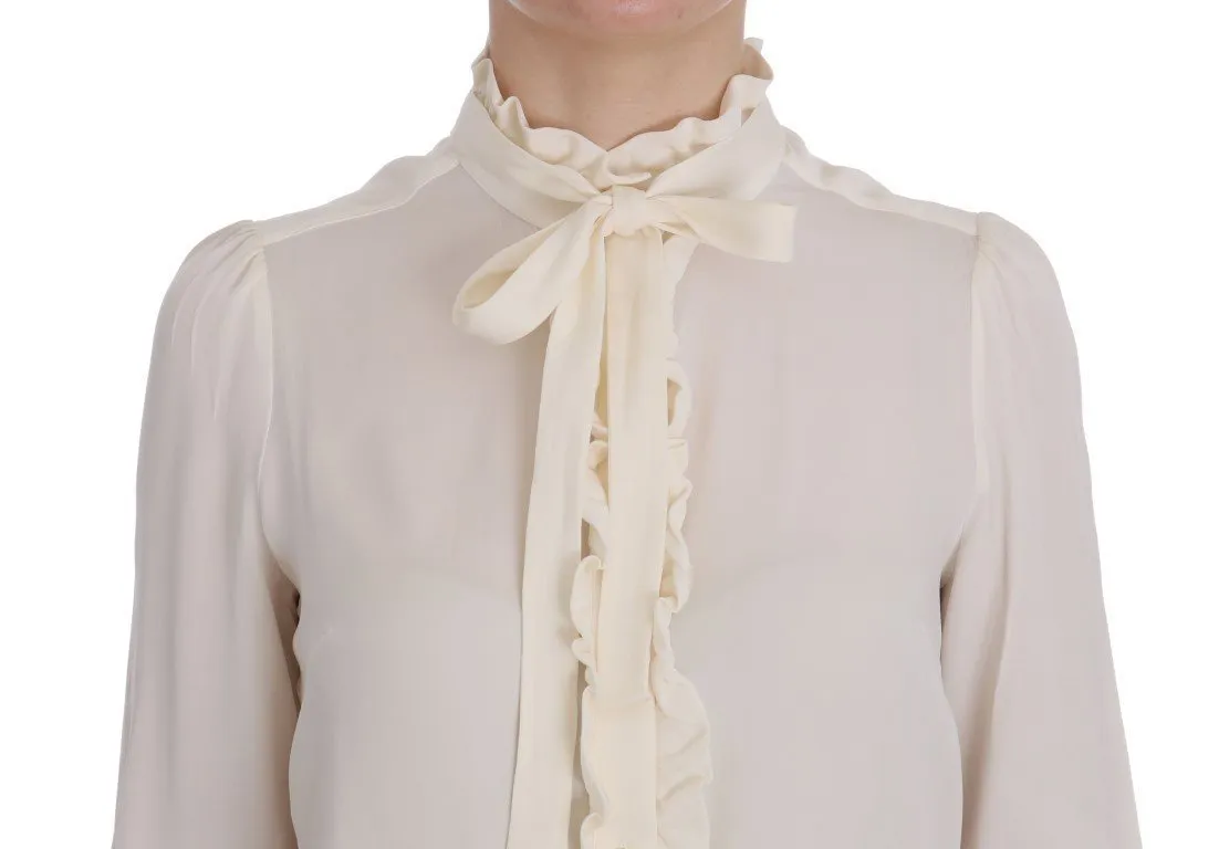 Beige Silk Stretch Shirt Ruffled Blouse