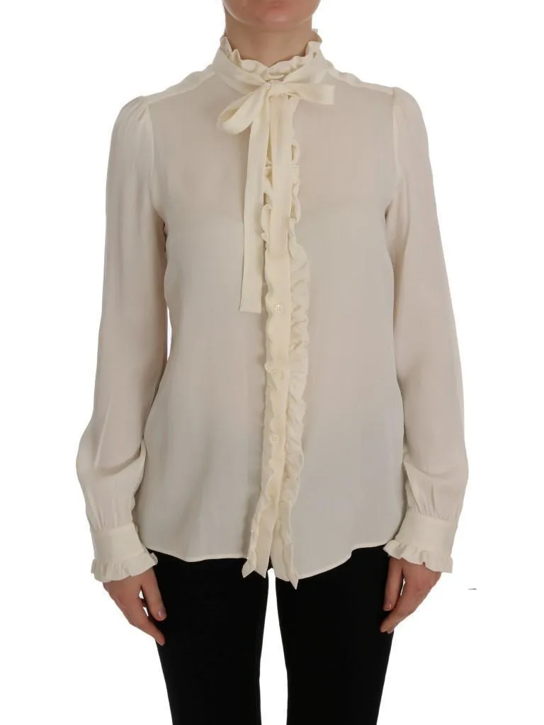 Beige Silk Stretch Shirt Ruffled Blouse