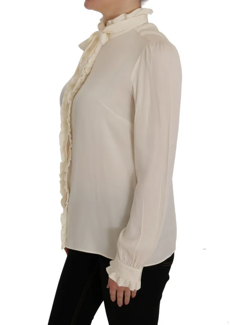 Beige Silk Stretch Shirt Ruffled Blouse