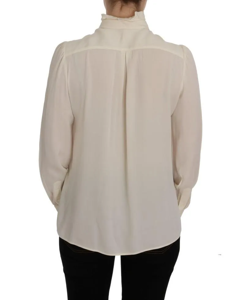 Beige Silk Stretch Shirt Ruffled Blouse
