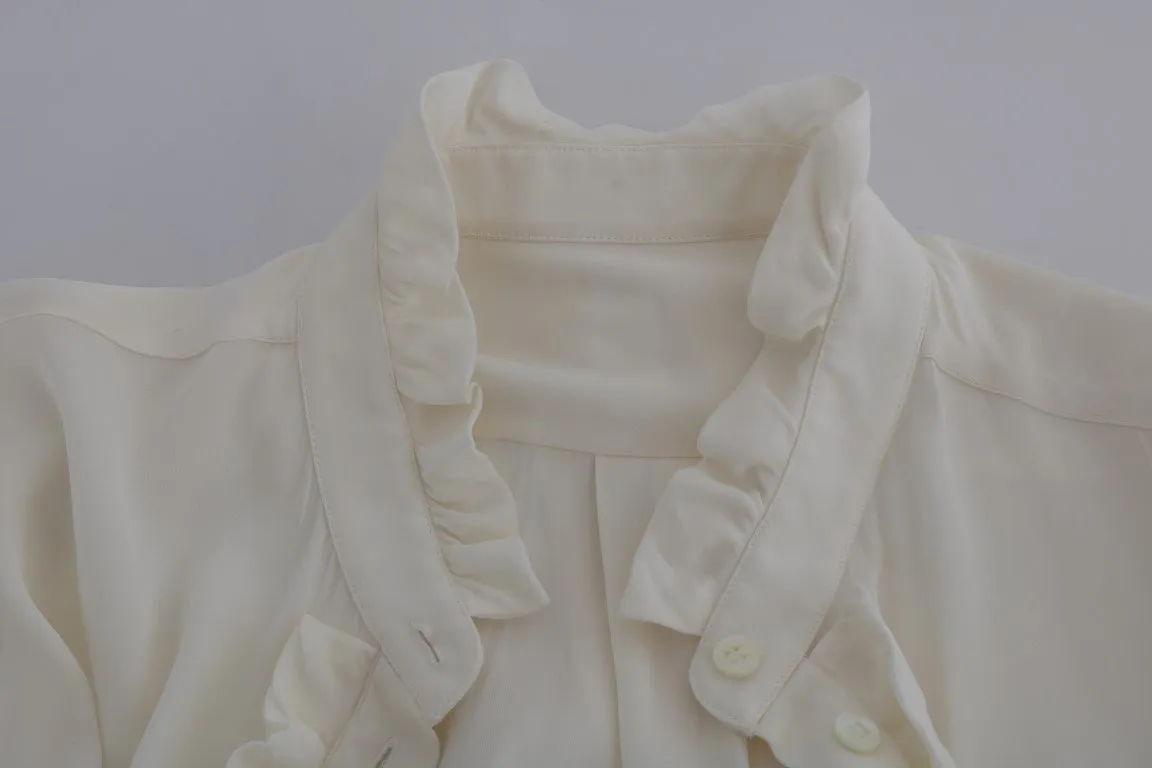 Beige Silk Stretch Shirt Ruffled Blouse