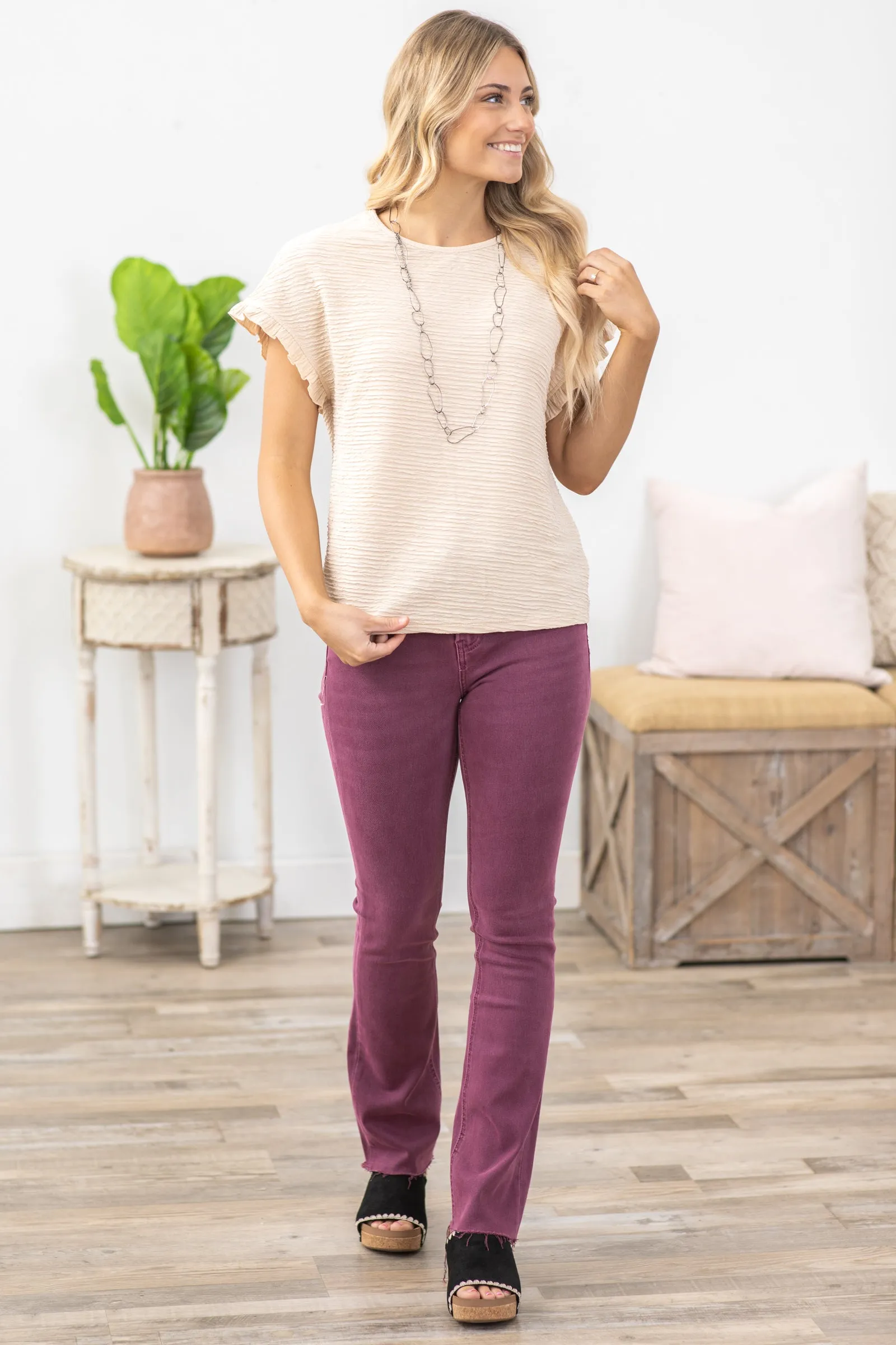 Beige Textured Ruffled Short Sleeve Blouse