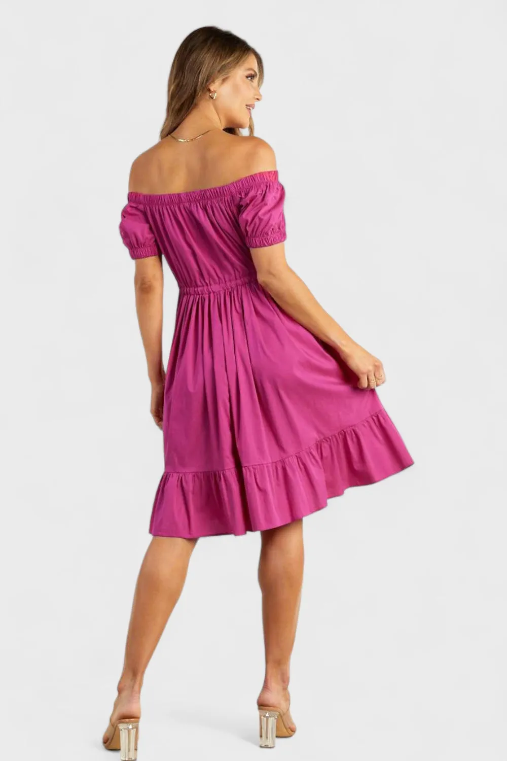 Bellissa Fuchsia Off The Shoulder Ruffle Dress
