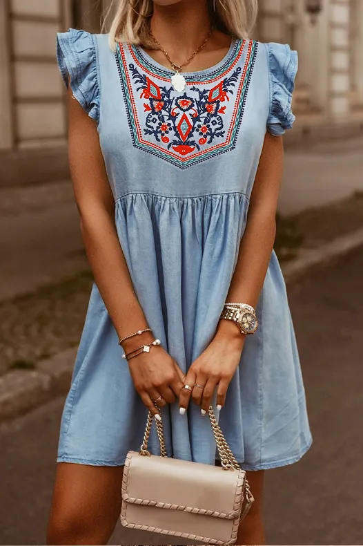 BerryBetty - Embroidered Joker Round Neck Ruffled Sleeveless Dress