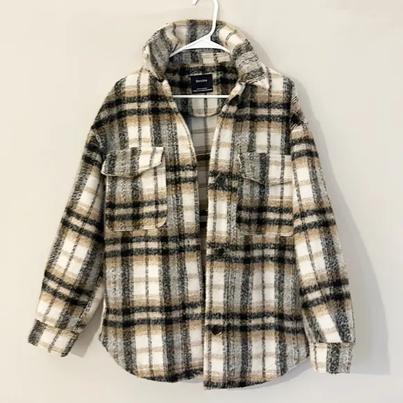 BERSHKA Shacket Flannel Plaid Camel Black wool button down women size XS