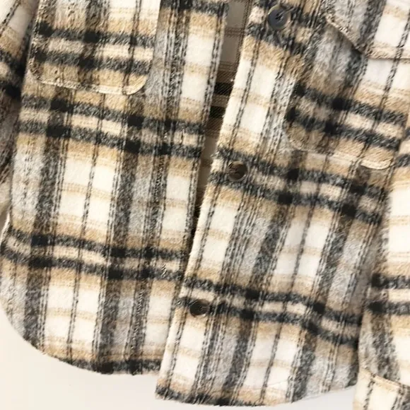 BERSHKA Shacket Flannel Plaid Camel Black wool button down women size XS